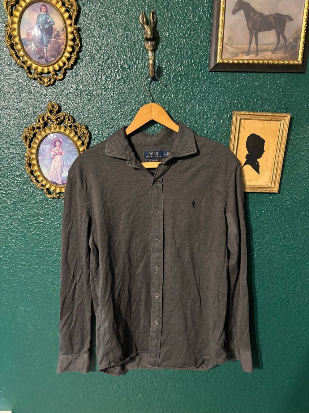 Polo Ralph Lauren Gray Knit Dress Shirt Button Down Cotton Shirt Sz Large